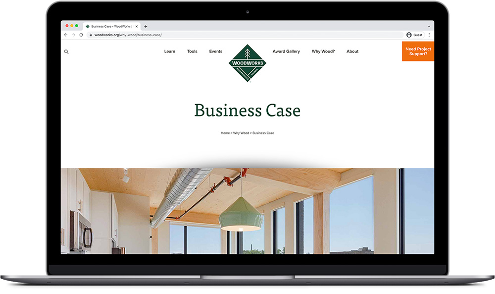 Mockup of woodworks.org showing the Business Case page