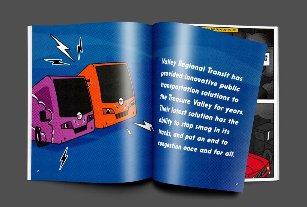 Mockup of the inside of a comic book promoting Valley Regional Transit's new electric bus fleet.