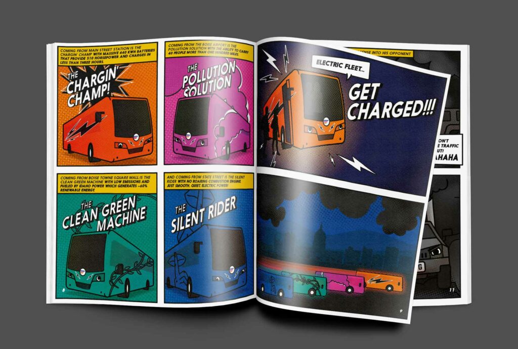 Mockup of the inside of a comic book promoting Valley Regional Transit's new electric bus fleet.