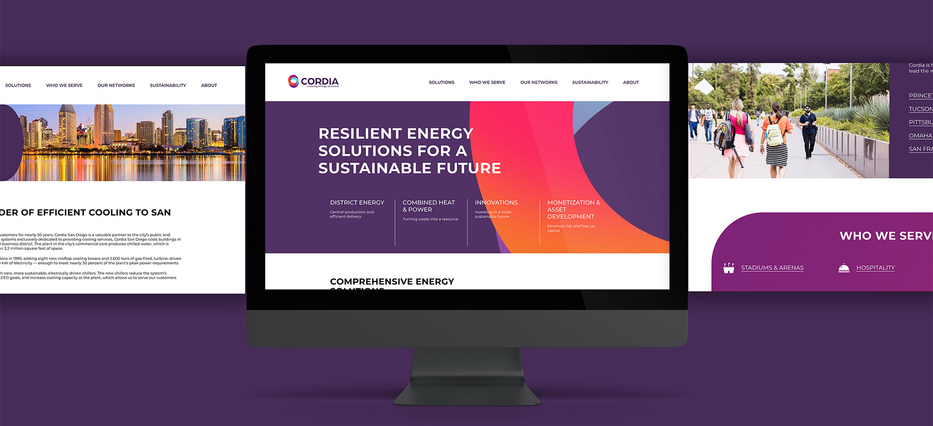 Mockup of Cordia's website. One page of the site is on a computer screen while two other pages are outside of the screen.