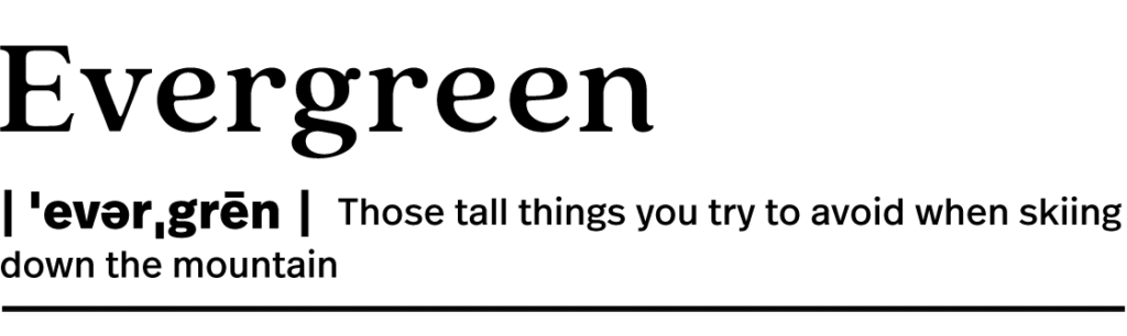 Styled like a dictionary entry: "Evergreen: Those tall things you try to avoid when skiing down the mountain."