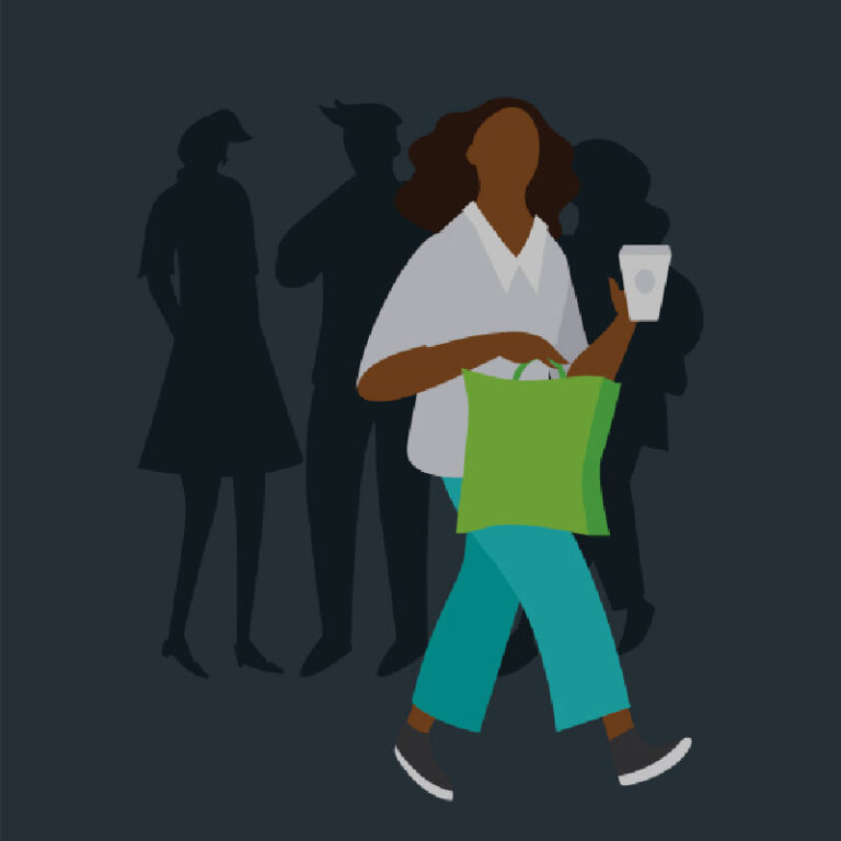 graphic of woman walking with bag and coffee in hand