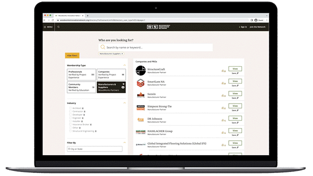 Scrolling through the WoodWorks Innovation Network Directory, viewing companies.