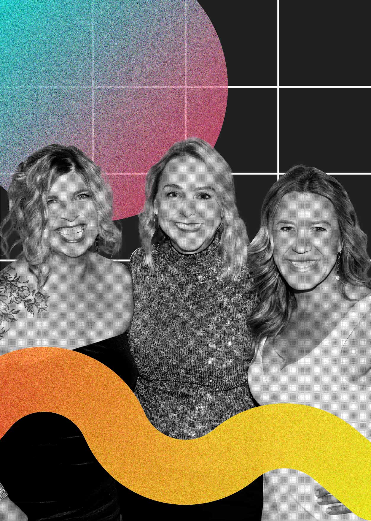 Black and white image of Kate, Jaime, and Tracy with gradient shapes