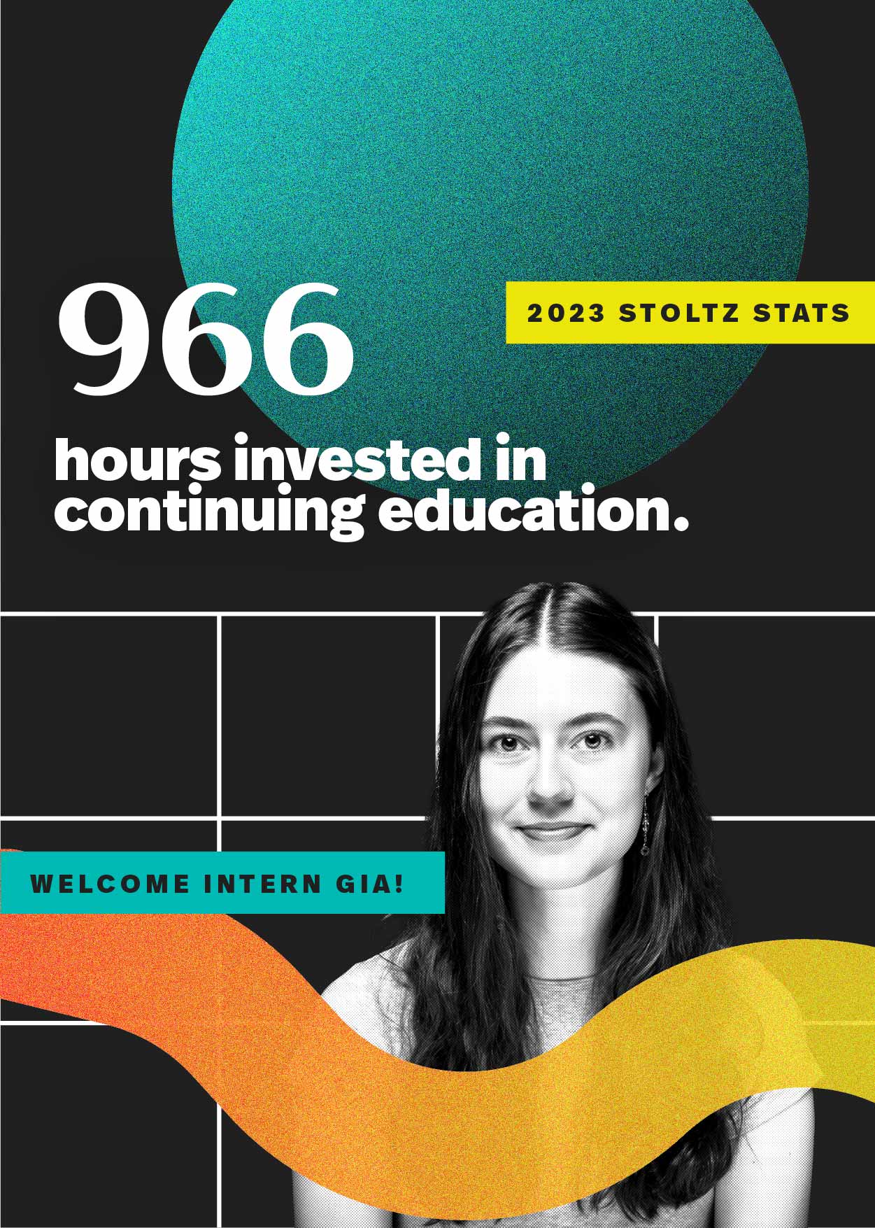 2023 Stoltz stat: "966 hours invested in continuing education." Black and white image of Gia captioned "Welcome Intern Gia!"