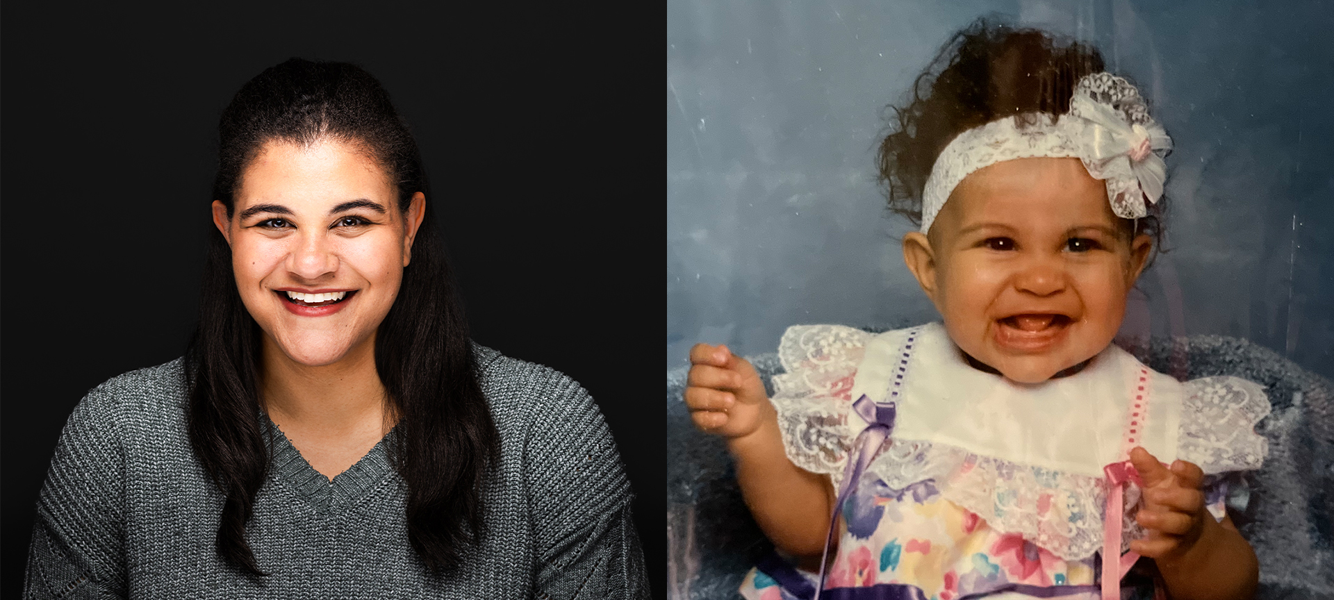 Side by side photo of Mikayla Williams today, and when she was a child