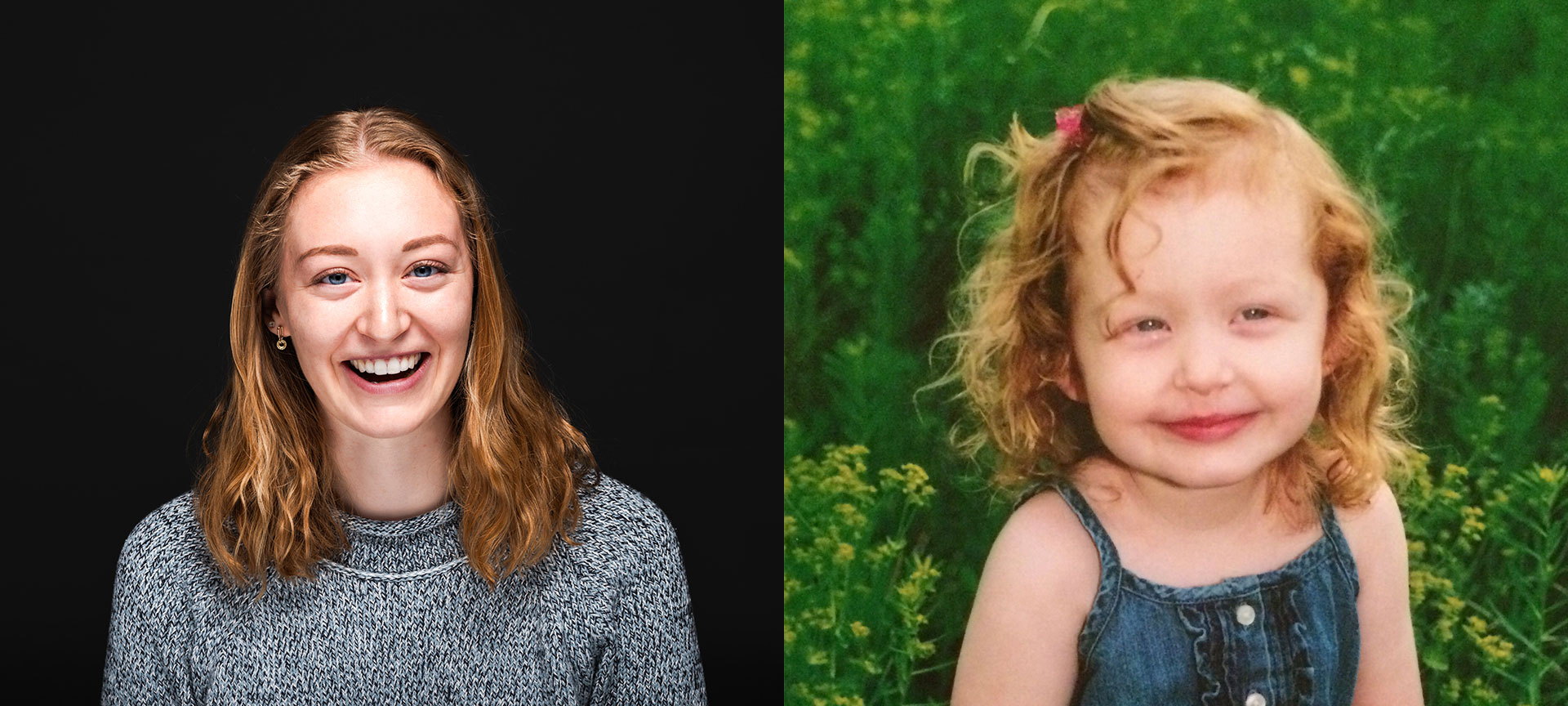 Side by side photograph comparison of Clara Adams as an adult, and as a child
