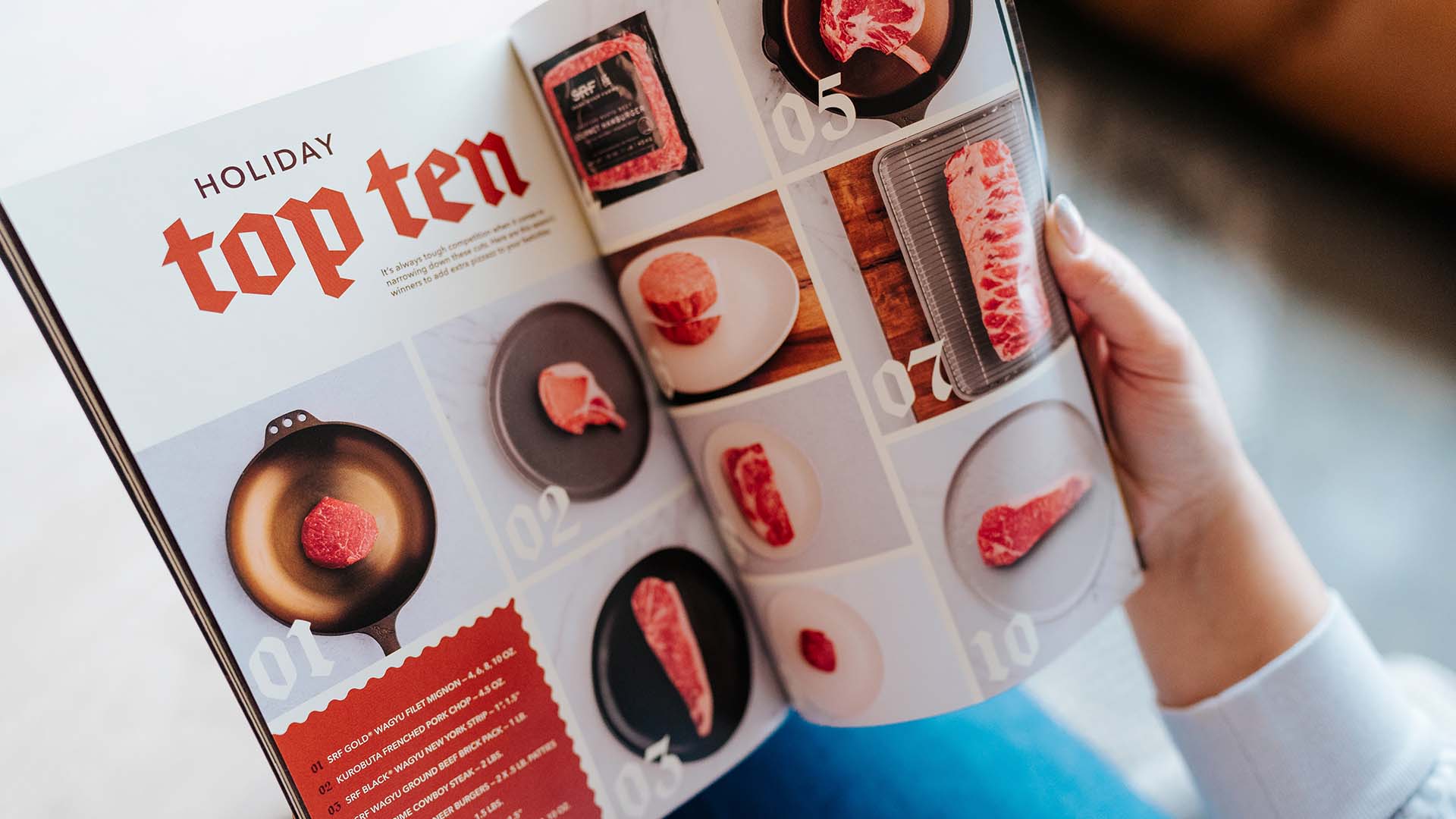 Spread inside of The Lead 2024 showing "Holiday Top Ten" and 10 raw cuts of beef displayed on plates and pans