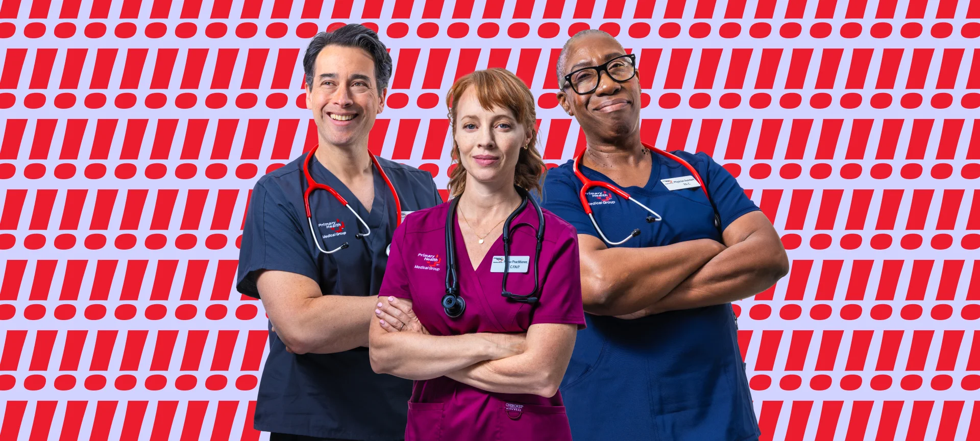 Three smiling Primary Health medical providers in scrubs pose confidently in front of a red exclamation mark background.