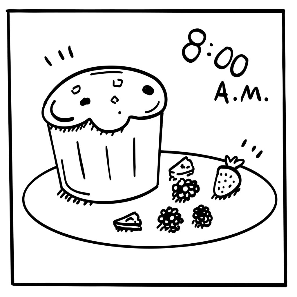 Doodle of a muffin and some fruit on a plate with the text "8:00 A.M." above.