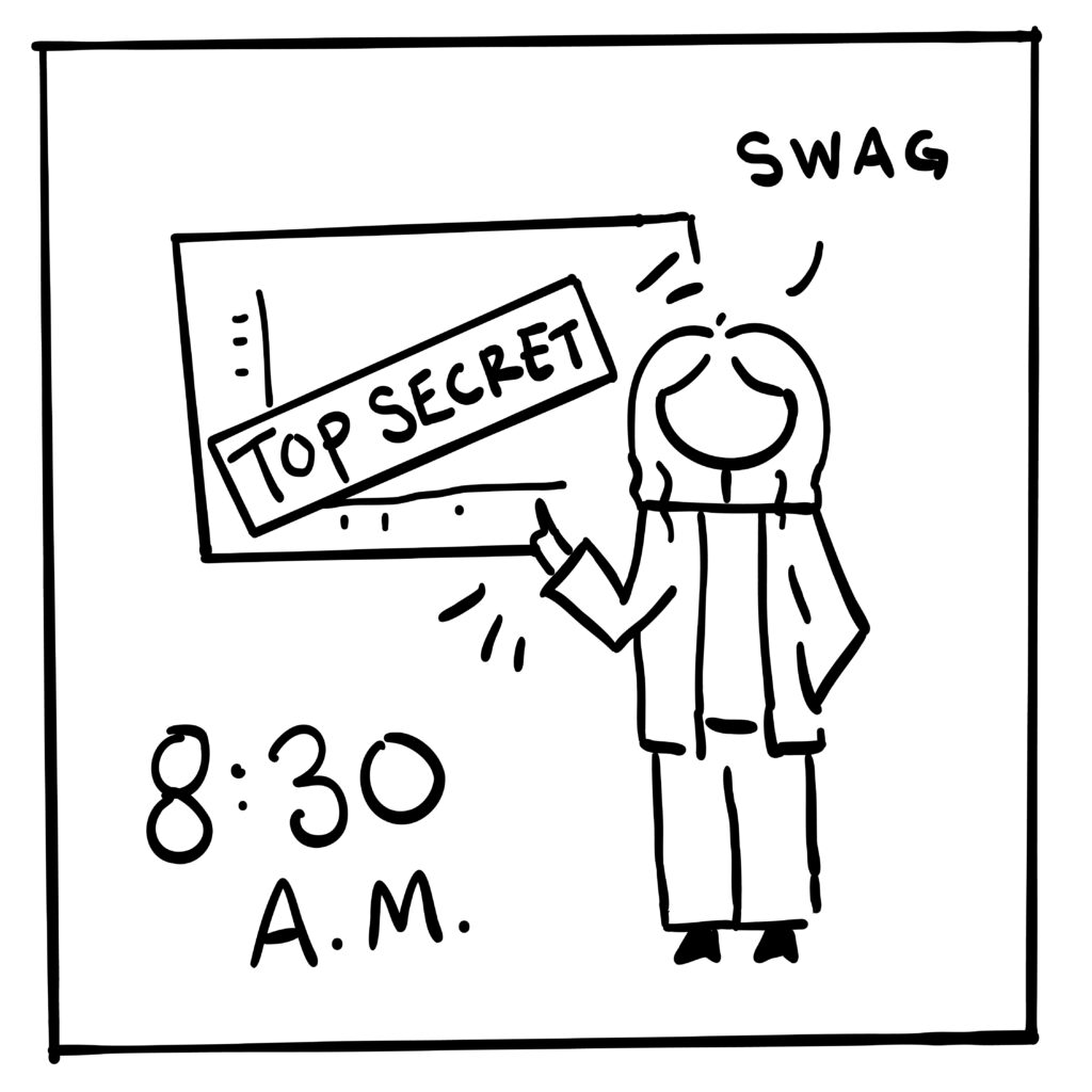 Doodle of a woman pointing to a screen, saying "swag". The screen shows a chart covered up by a Top Secret stamp. The text in the corner reads "8:30 A.M."