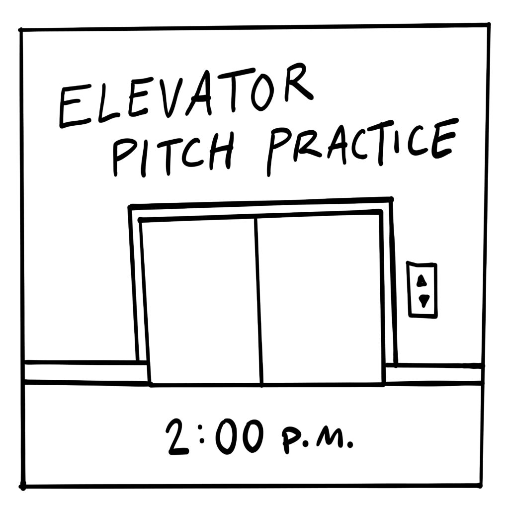 A doodle of elevator doors with the words: "Elevator pitch practice" above them. There is text below reading "2:00 P.M."