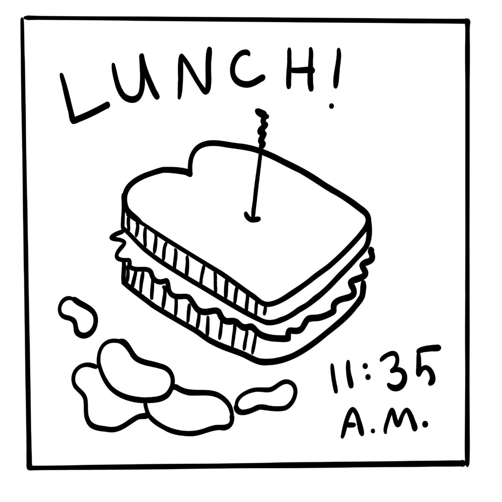 A doodle of a sandwich surrounded by chips. Text above reads "LUNCH!" and text below reads "11:35 A.M."